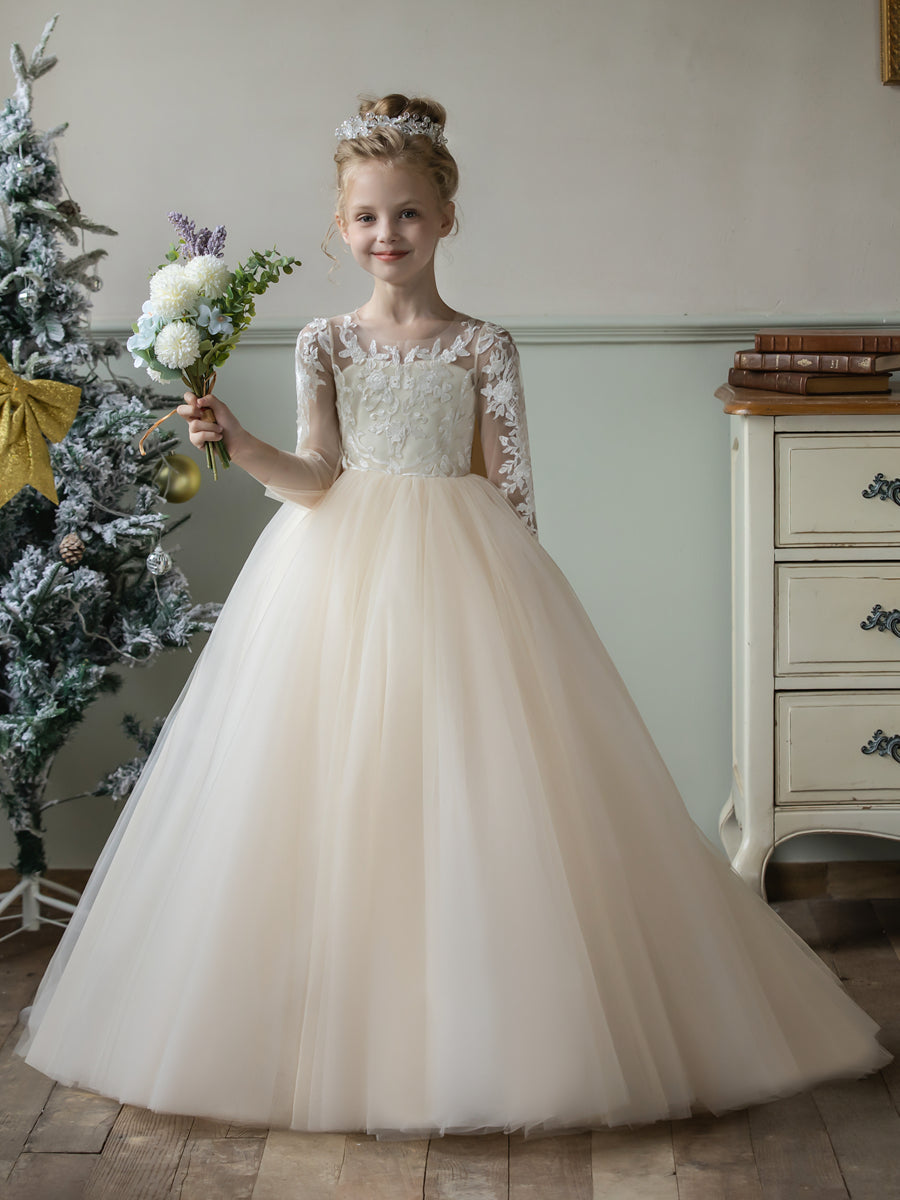 Crew Neck Tulle Flower Girl Dresses with Applique & Satin Bowknot