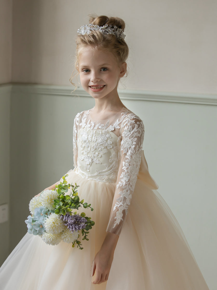 Crew Neck Tulle Flower Girl Dresses with Applique & Satin Bowknot