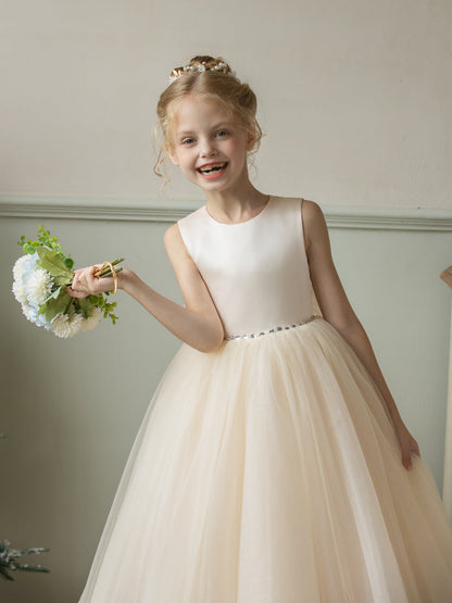 Crew Neck Tulle Flower Girl Dresses with Rhinestones & Bowknot