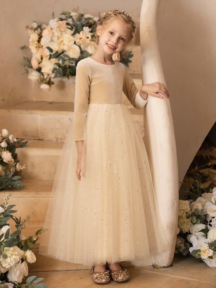 Crew Neck Tulle Velvet Long Sleeves Flower Girl Dresses