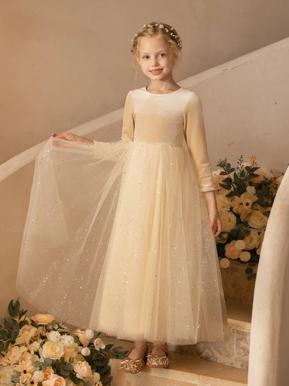 Crew Neck Tulle Velvet Long Sleeves Flower Girl Dresses