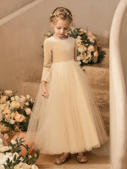 Crew Neck Tulle Velvet Long Sleeves Flower Girl Dresses