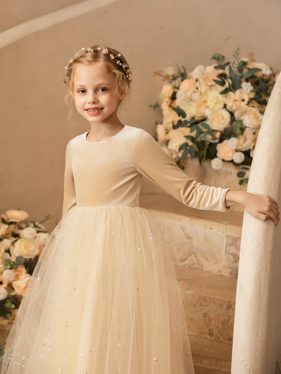 Crew Neck Tulle Velvet Long Sleeves Flower Girl Dresses