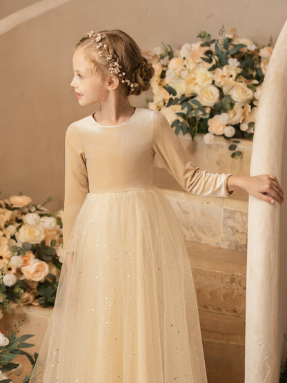 Crew Neck Tulle Velvet Long Sleeves Flower Girl Dresses