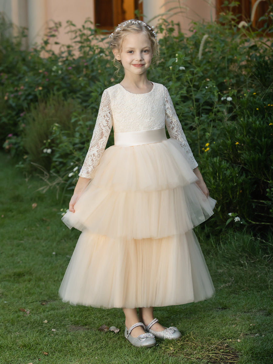 Crew Neck Tulle Flower Girl Dresses with Applique & Tiered Pleats