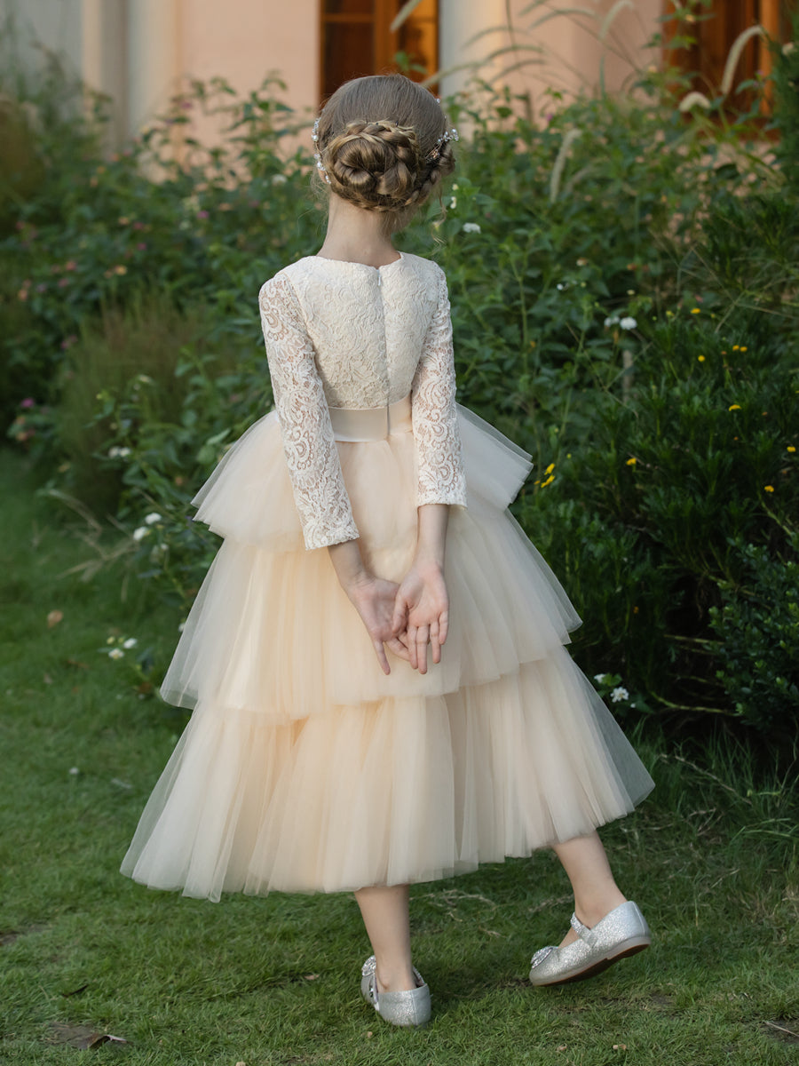 Crew Neck Tulle Flower Girl Dresses with Applique & Tiered Pleats