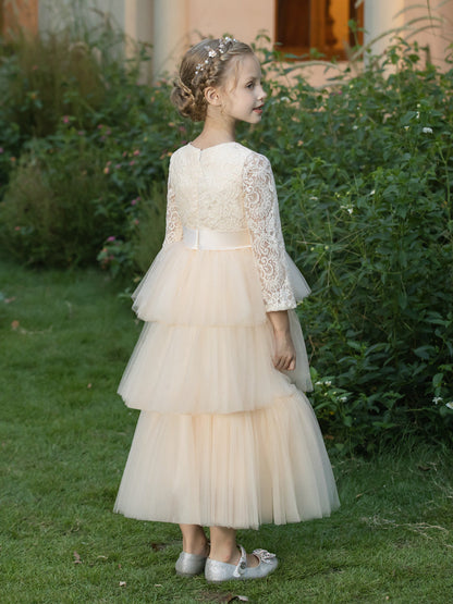 Crew Neck Tulle Flower Girl Dresses with Applique & Tiered Pleats