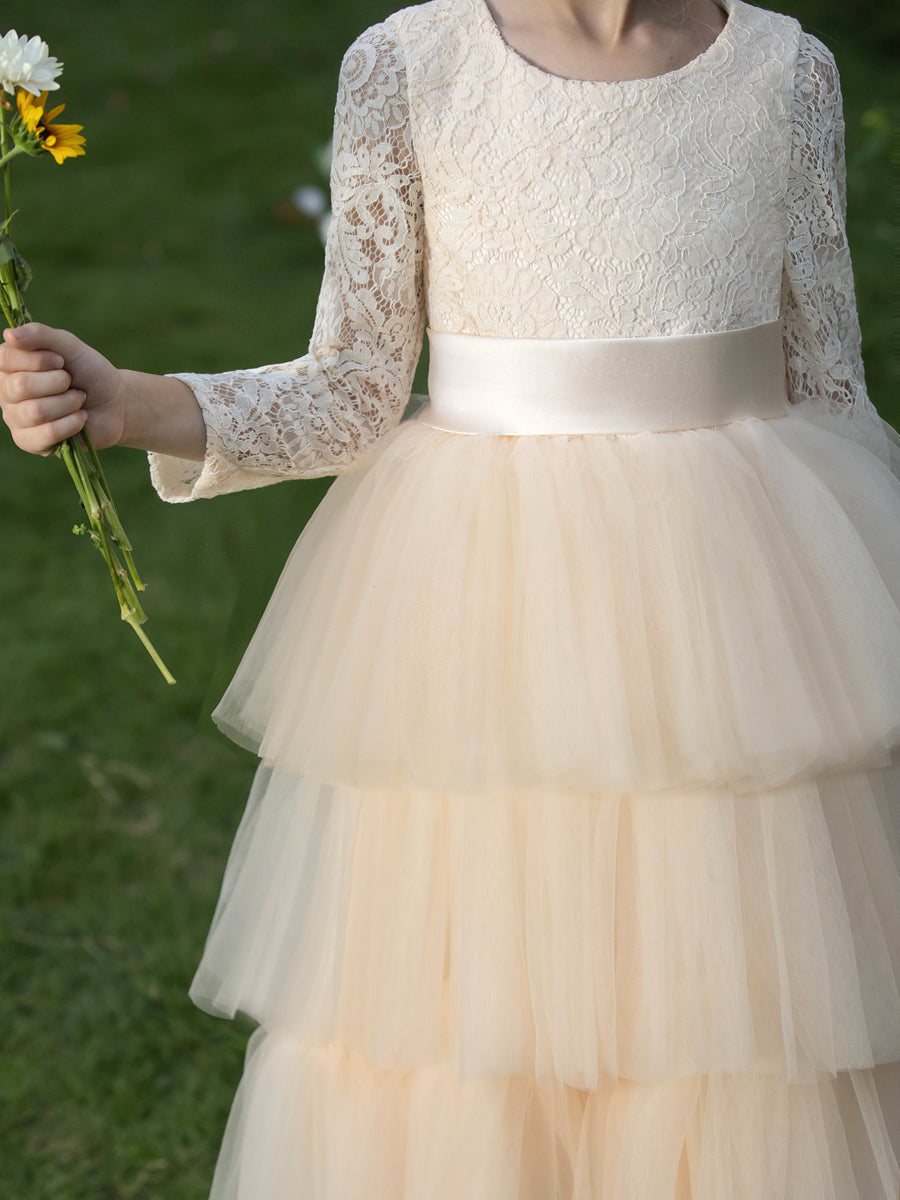 Crew Neck Tulle Flower Girl Dresses with Applique & Tiered Pleats