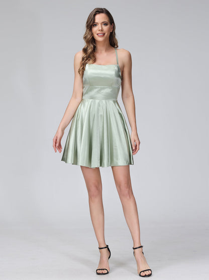 A-Line Sleeveless Backless Short Dresses with Spaghetti Straps