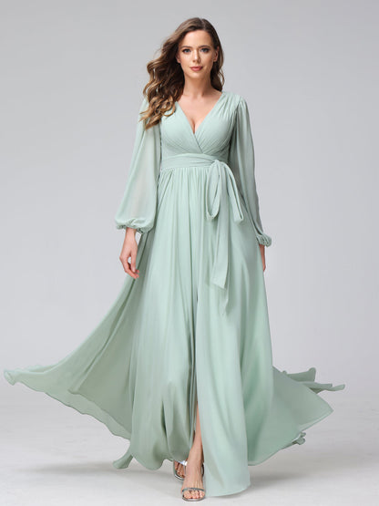 A-Line V-Neck Long Sleeves Chiffon Long Bridesmaid Dresses With Ruffles Split Side