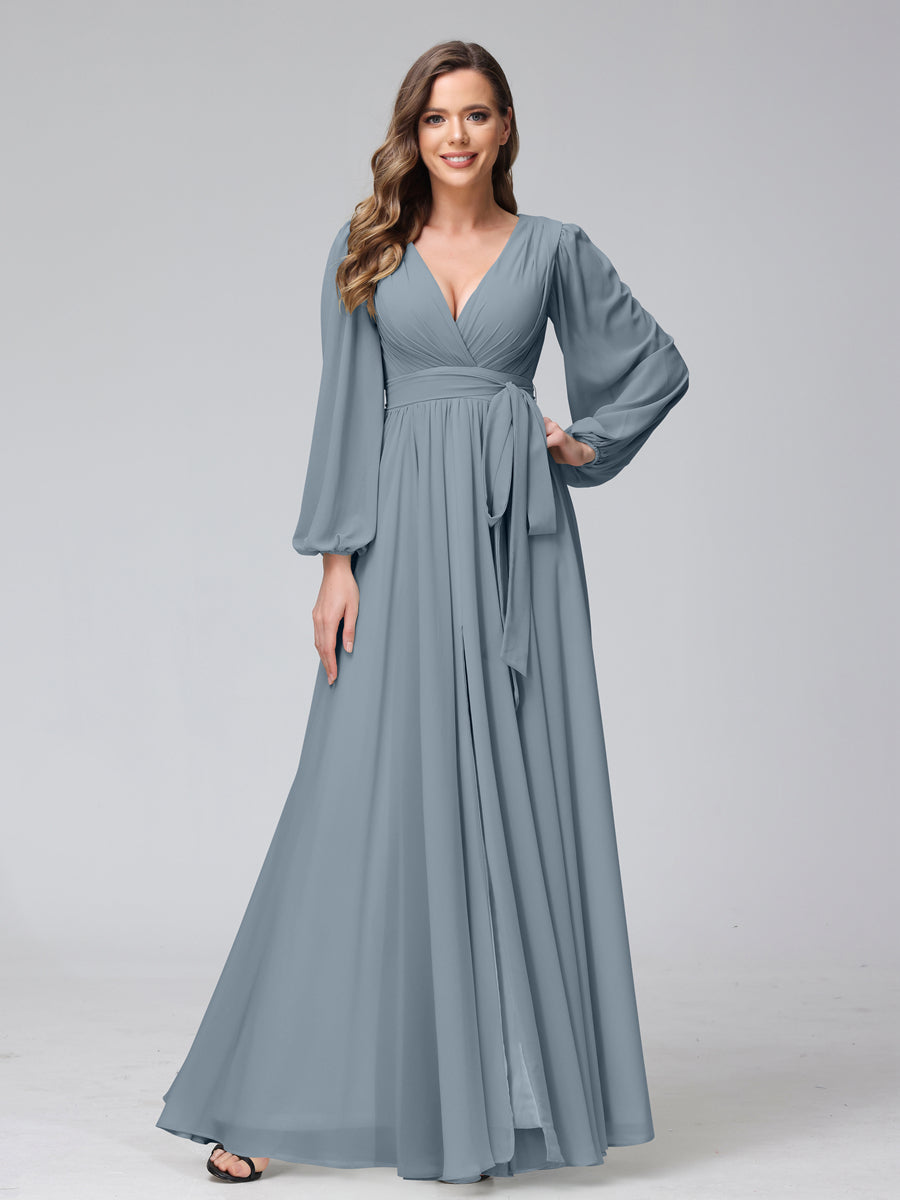 A-Line V-Neck Long Sleeves Chiffon Long Bridesmaid Dresses With Ruffles Split Side