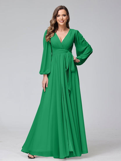 A-Line V-Neck Long Sleeves Chiffon Long Bridesmaid Dresses With Ruffles Split Side