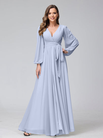 A-Line V-Neck Long Sleeves Chiffon Long Bridesmaid Dresses With Ruffles Split Side