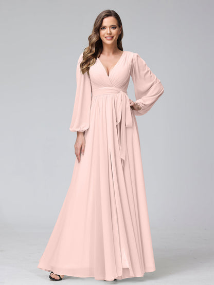 A-Line V-Neck Long Sleeves Chiffon Long Bridesmaid Dresses With Ruffles Split Side