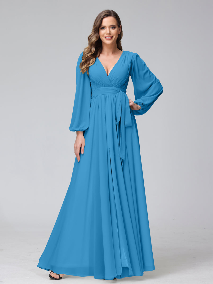 A-Line V-Neck Long Sleeves Chiffon Long Bridesmaid Dresses With Ruffles Split Side