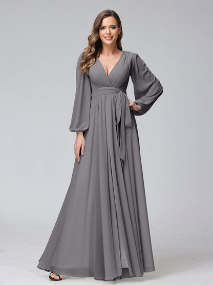 A-Line V-Neck Long Sleeves Chiffon Long Bridesmaid Dresses With Ruffles Split Side