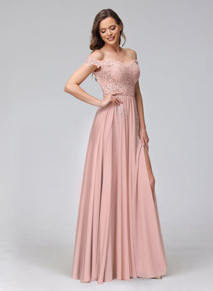 A-Line Off-the-Shoulder Sleeveless Appliqued Chiffon Long Bridesmaid Dresses with Side Slit