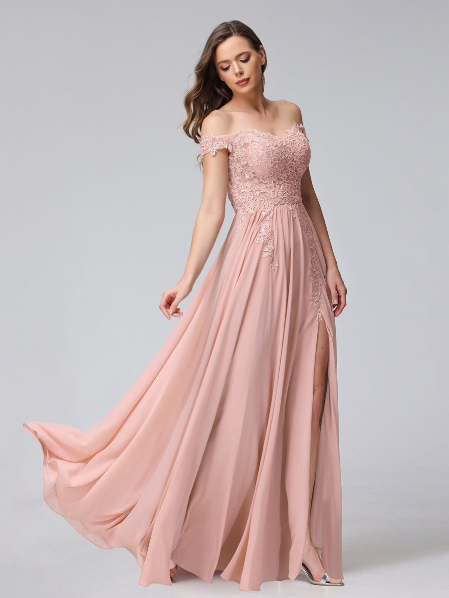 A-Line Off-the-Shoulder Sleeveless Appliqued Chiffon Long Bridesmaid Dresses with Side Slit