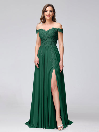 A-Line Off-the-Shoulder Sleeveless Appliqued Chiffon Long Bridesmaid Dresses with Side Slit