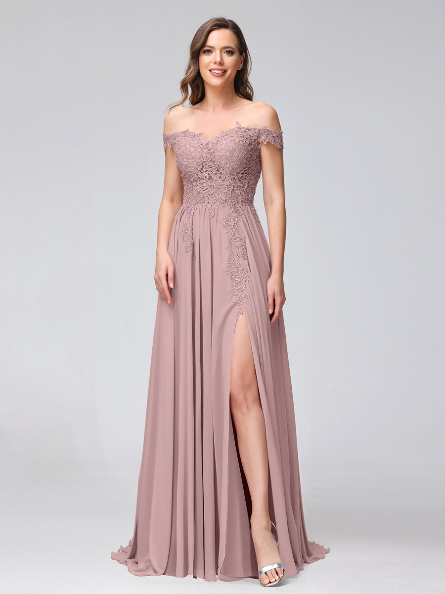 A-Line Off-the-Shoulder Sleeveless Appliqued Chiffon Long Bridesmaid Dresses with Side Slit