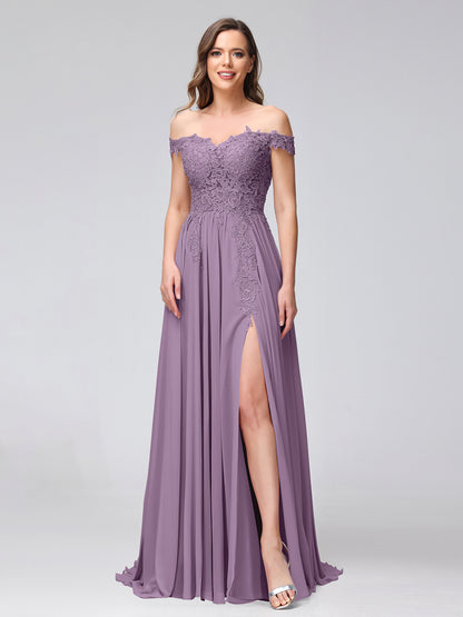 A-Line Off-the-Shoulder Sleeveless Appliqued Chiffon Long Bridesmaid Dresses with Side Slit