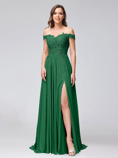 A-Line Off-the-Shoulder Sleeveless Appliqued Chiffon Long Bridesmaid Dresses with Side Slit