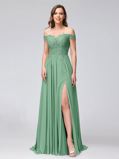 A-Line Off-the-Shoulder Sleeveless Appliqued Chiffon Long Bridesmaid Dresses with Side Slit