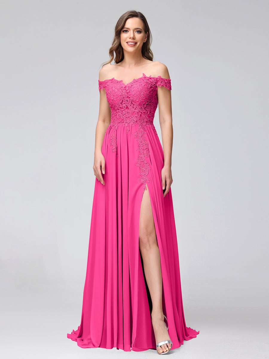 A-Line Off-the-Shoulder Sleeveless Appliqued Chiffon Long Bridesmaid Dresses with Side Slit