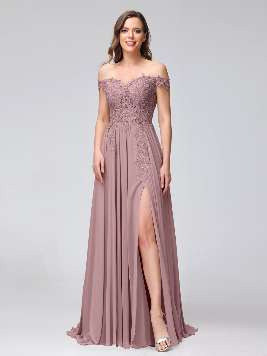 A-Line Off-the-Shoulder Sleeveless Appliqued Chiffon Long Bridesmaid Dresses with Side Slit