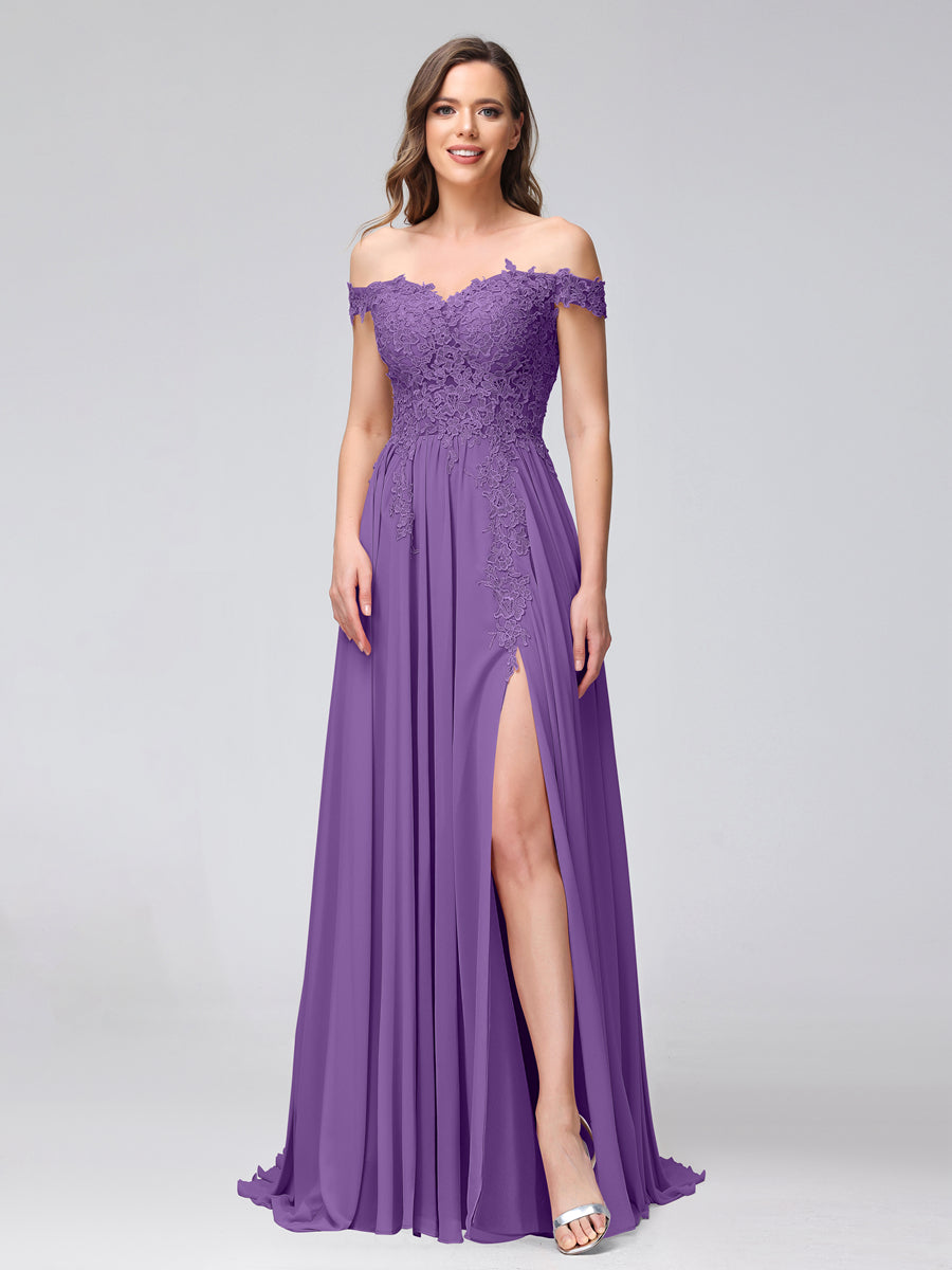 A-Line Off-the-Shoulder Sleeveless Appliqued Chiffon Long Bridesmaid Dresses with Side Slit