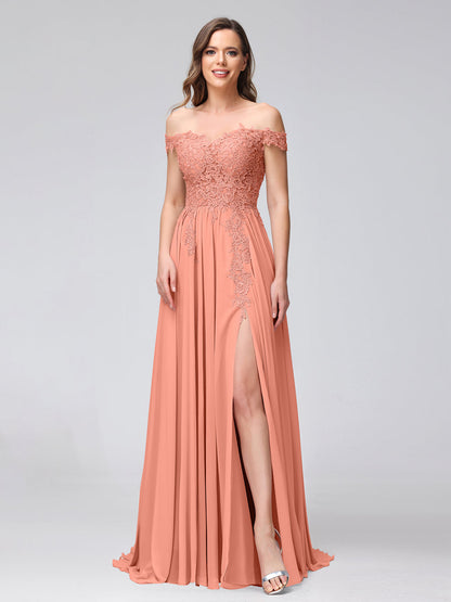 A-Line Off-the-Shoulder Sleeveless Appliqued Chiffon Long Bridesmaid Dresses with Side Slit