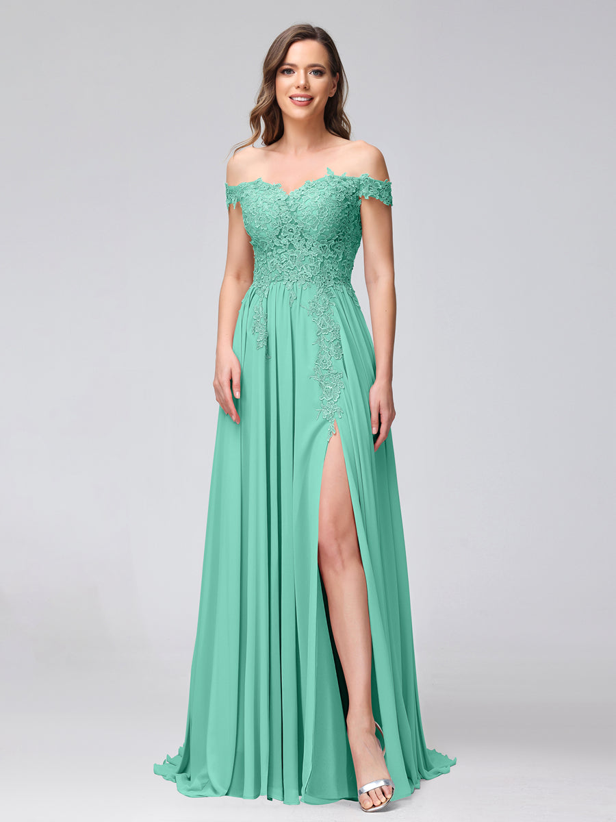 A-Line Off-the-Shoulder Sleeveless Appliqued Chiffon Long Bridesmaid Dresses with Side Slit