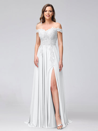 A-Line Off-the-Shoulder Sleeveless Appliqued Chiffon Long Bridesmaid Dresses with Side Slit