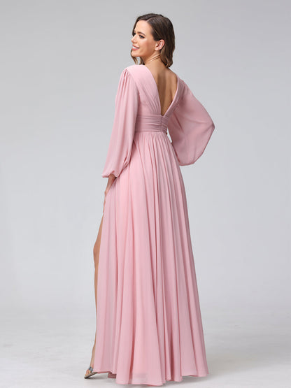 A-Line V-Neck Long Sleeves Long Chiffon Bridesmaid Dresses With Split Side Pockets