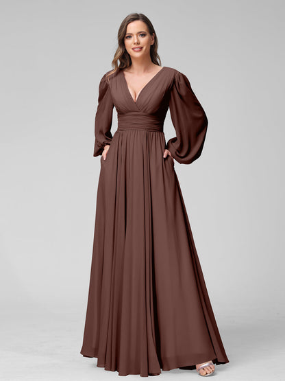 A-Line V-Neck Long Sleeves Long Chiffon Bridesmaid Dresses With Split Side Pockets