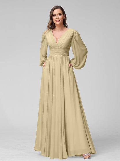 A-Line V-Neck Long Sleeves Long Chiffon Bridesmaid Dresses With Split Side Pockets