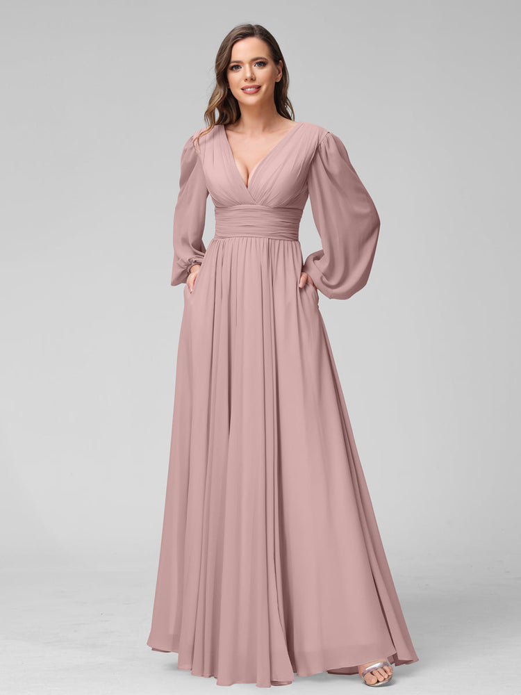 A-Line V-Neck Long Sleeves Long Chiffon Bridesmaid Dresses With Split  -Lavetir