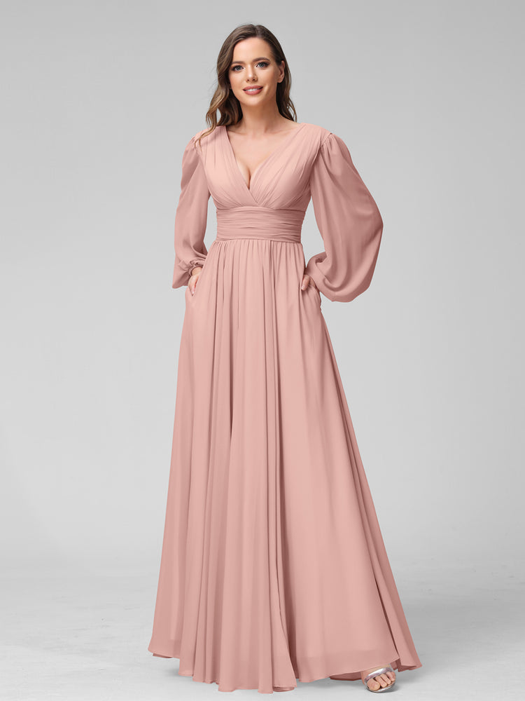 A Line V Neck Long Sleeves Long Chiffon Bridesmaid Dresses With Split Lavetir