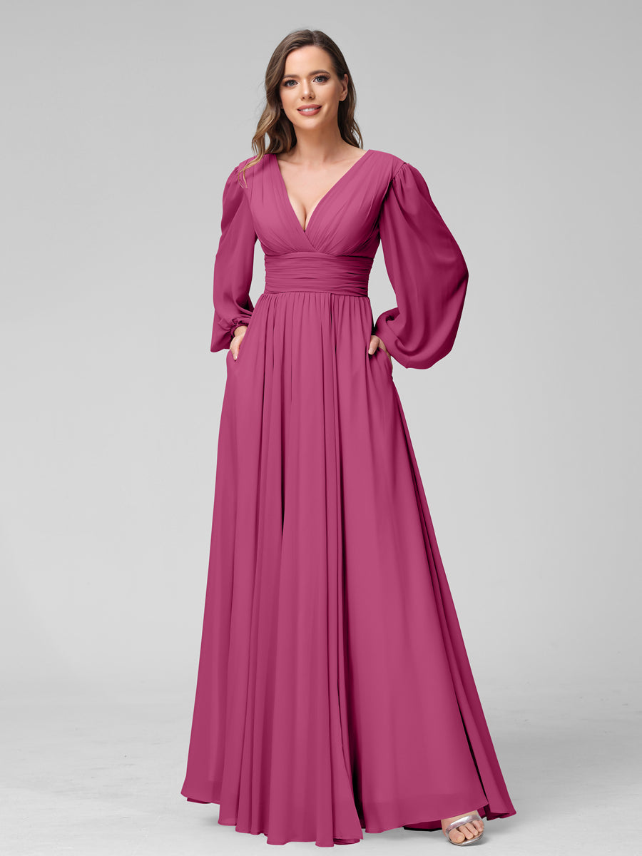 A-Line V-Neck Long Sleeves Long Chiffon Bridesmaid Dresses With Split Side Pockets