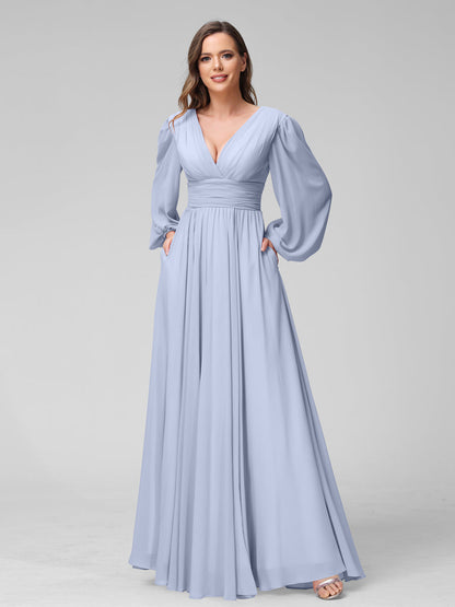 A-Line V-Neck Long Sleeves Long Chiffon Bridesmaid Dresses With Split Side Pockets