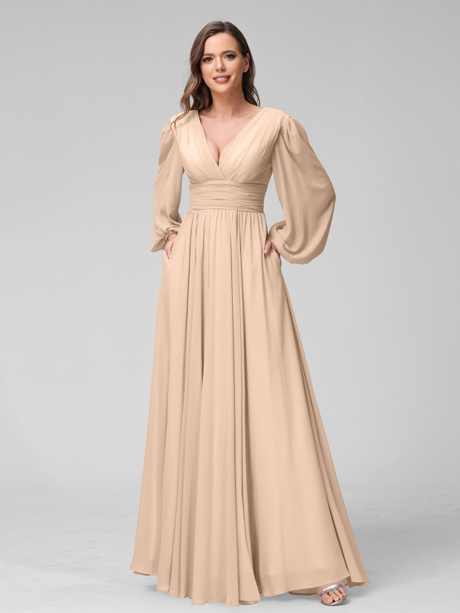 A-Line V-Neck Long Sleeves Long Chiffon Bridesmaid Dresses With Split Side Pockets