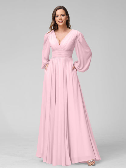 A-Line V-Neck Long Sleeves Long Chiffon Bridesmaid Dresses With Split Side Pockets