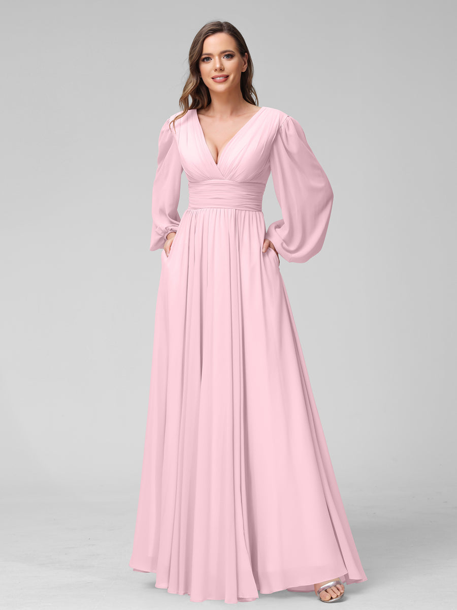 Pink Chiffon A Line V Neck Long Bridesmaid Dresses, Wedding Party Dress,  PB132