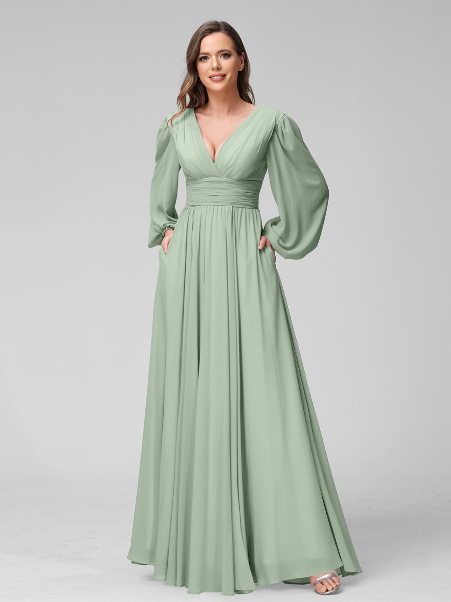 A-Line V-Neck Long Sleeves Long Chiffon Bridesmaid Dresses With Split Side Pockets