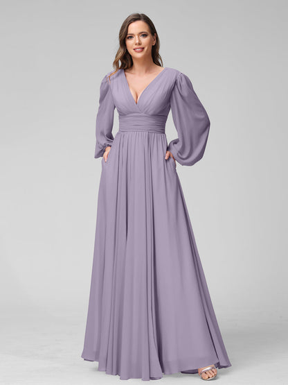 A-Line V-Neck Long Sleeves Long Chiffon Bridesmaid Dresses With Split Side Pockets