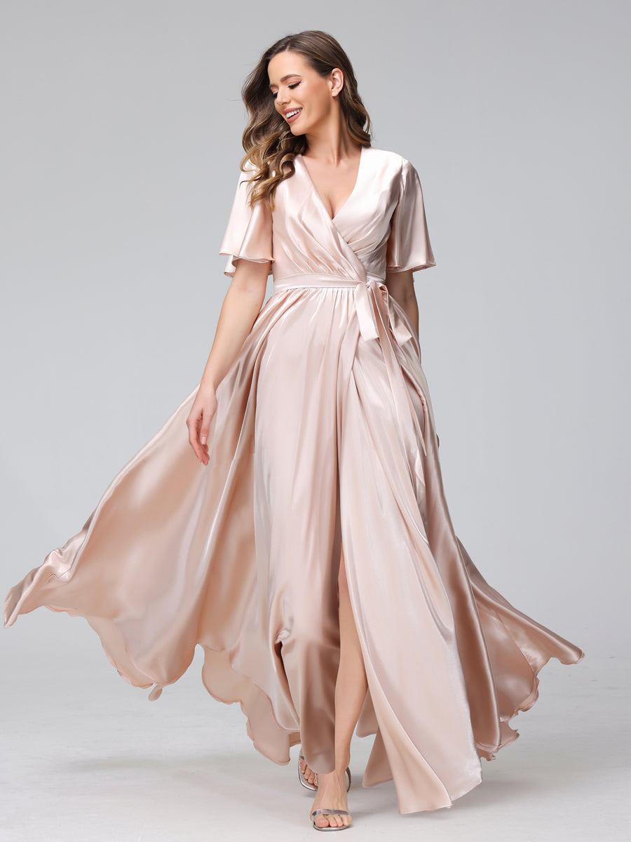 A-Line V-Neck Half Sleeves Long Silk Satin Bridesmaid Dresses With Ruffles Split Side