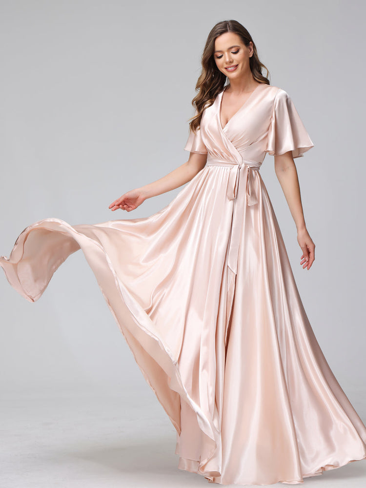 A-Line V-Neck Half Sleeves Long Silk Satin Bridesmaid Dresses With Ruf ...