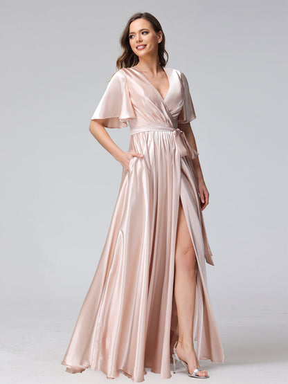 A-Line V-Neck Half Sleeves Long Silk Satin Bridesmaid Dresses With Ruffles Split Side