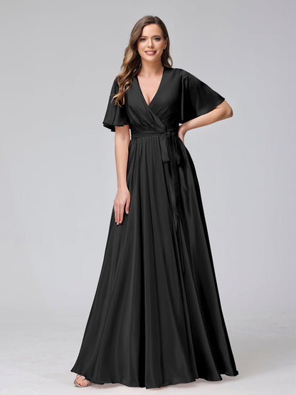 A-Line V-Neck Half Sleeves Long Silk Satin Bridesmaid Dresses With Ruffles Split Side