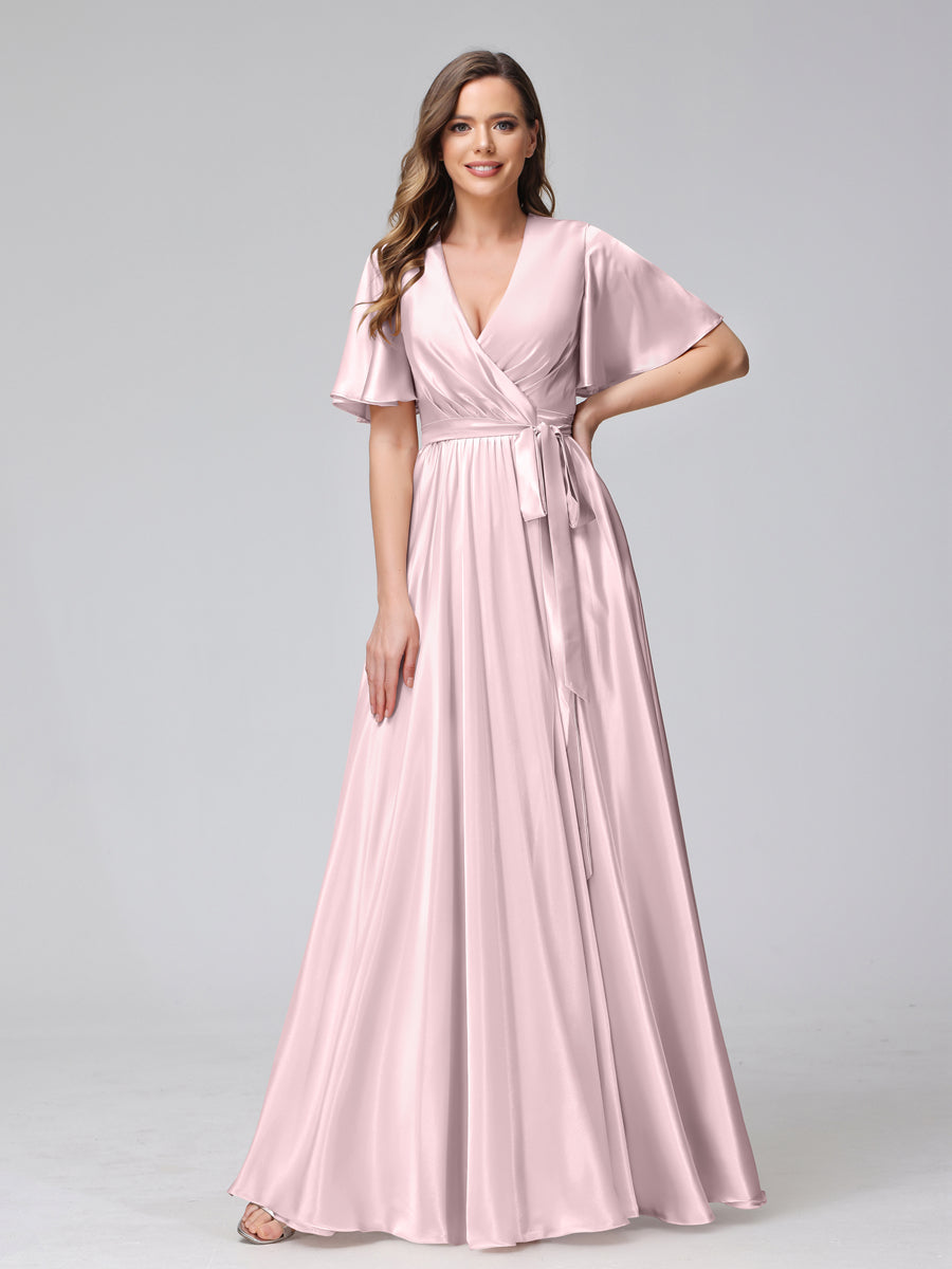 A-Line V-Neck Half Sleeves Long Silk Satin Bridesmaid Dresses With Ruffles Split Side